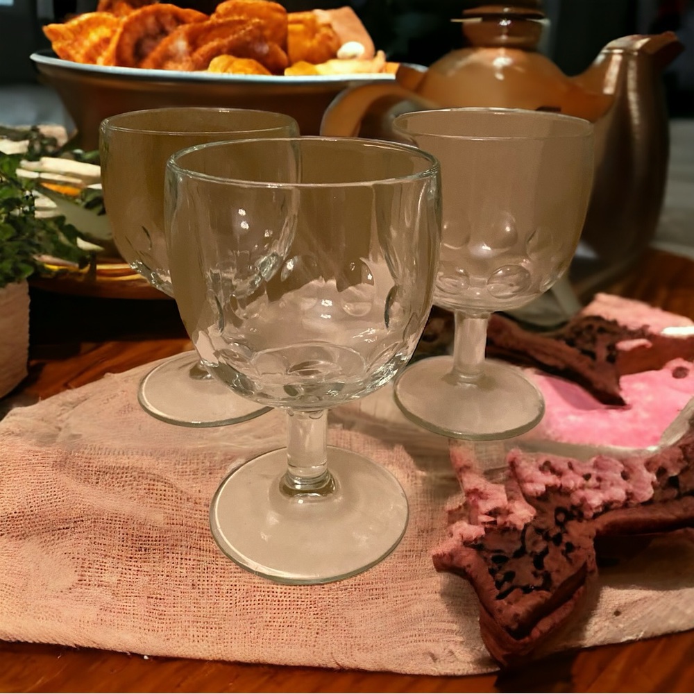 Vintage 1970s Thumbprint Clear Glass Goblets 16oz Set of 3 MCM Schooner